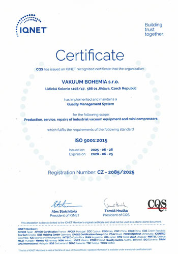 Mezinárodní IQNet ISO certifikát 2025 - International Quality Network Certificate